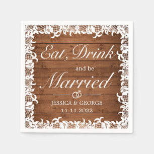 Serviette En Papier Bois rustique & dentelle blanche Manger Boire Mari