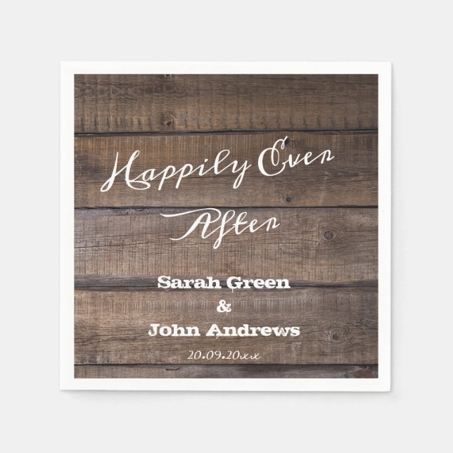 Serviette En Papier Bois Rustique Heureux Jamais Après Mariage Rustiqu (Devant)