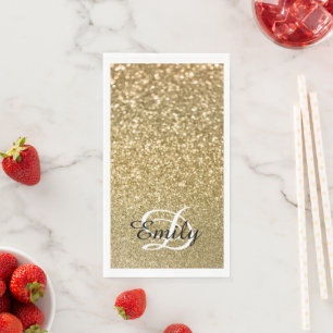 Serviette En Papier Bokeh Gold Parties scintillant Monogramme noir et