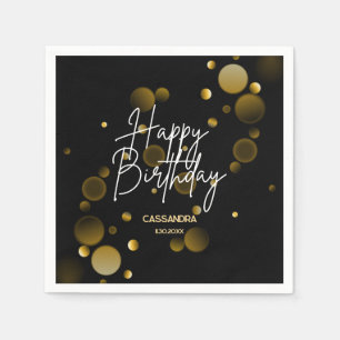 Serviette En Papier Bokeh or moderne Gradient Noir Joyeux Anniversaire