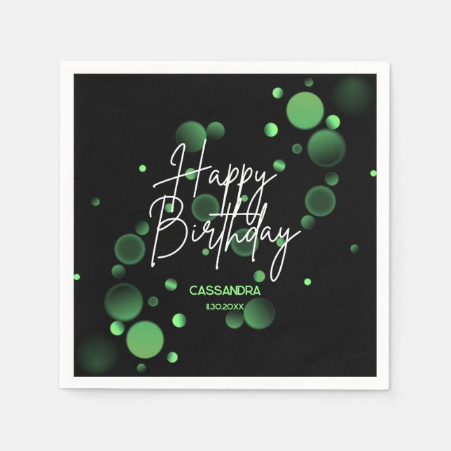 Serviette En Papier Bokeh vert moderne dégradé noir Joyeux anniversair (Devant)