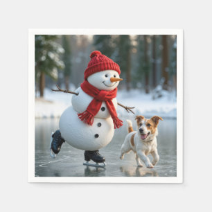 Serviette En Papier Bonhomme de neige de Noël patinant avec un chien