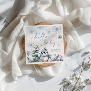 Serviette En Papier Bonjour Baby Penguin, baby shower bleu hiver