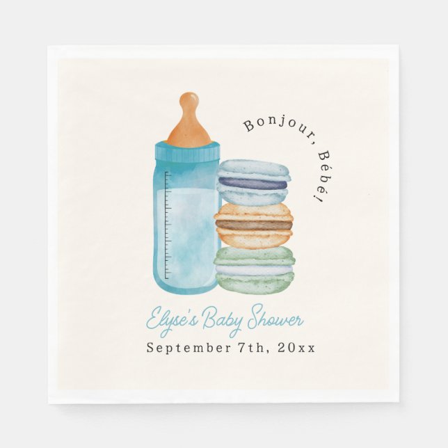 Serviette En Papier Bonjour Bébé Blue Macarons & Milk Boy Baby Shower (Devant)