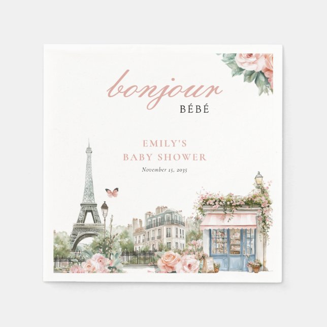Serviette En Papier Bonjour Bébé Paris Baby shower français (Devant)
