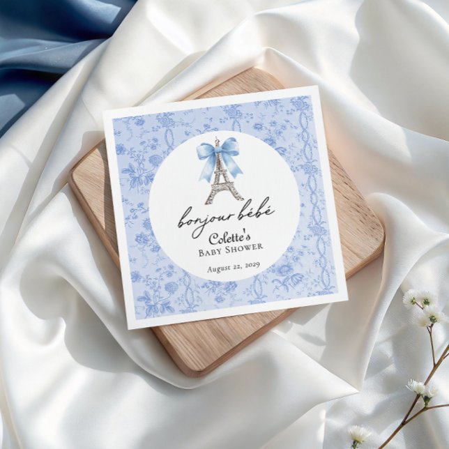 Serviette En Papier Bonjour Bebe Romantique Bleu Toile Française (Bonjour Bebe French Eiffel Tower Boy Baby Shower Cocktail Napkin)