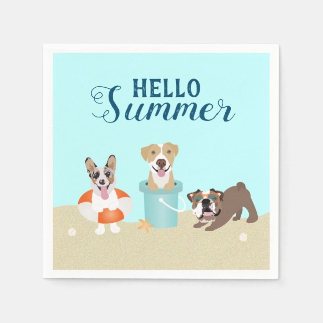 Serviette En Papier Bonjour Summer Beach Chiens Blue Orange (Devant)