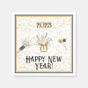 Serviette En Papier Bonne année Horloge or et serviettes noires