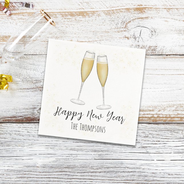 Serviette En Papier Bonne fête du Nouvel An Champagne Aquarelle Or (Happy New Year Custom Cocktail napkins)