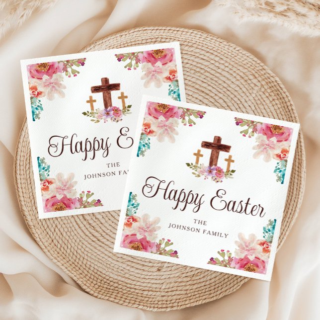 Serviette En Papier Bonne Pâques Croix religieuse Aquarelle florale (Happy Easter Religious Cross Floral Watercolor Napkins)