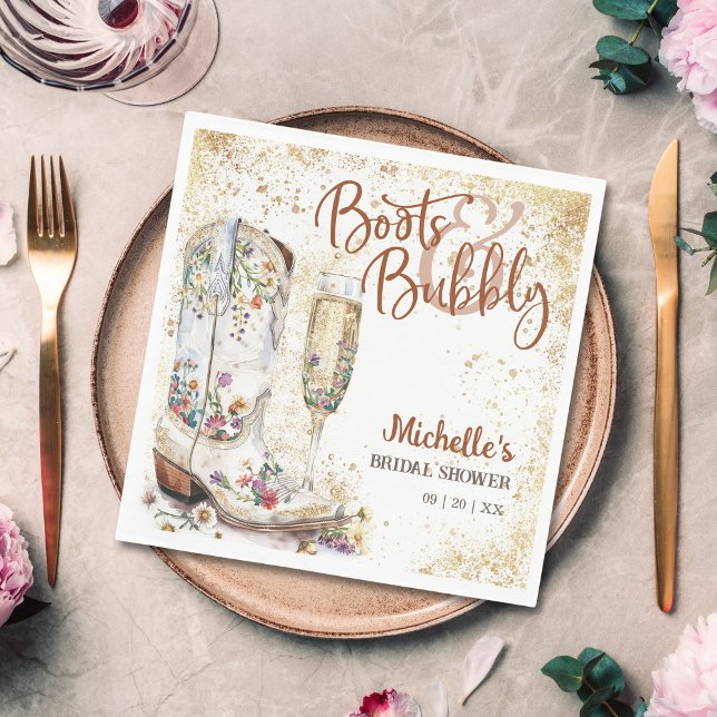 Serviette En Papier Boots et Bubbly Western Bride Wild West Country (boots and bubbly bridal shower napkin with cowboy boots with flowers and champagne glass)