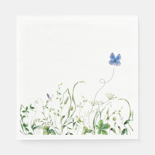 Serviette En Papier Bordure fleur sauvage avec papillon bleu (Devant)