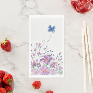 Serviette En Papier Bordure florale avec papillon bleu