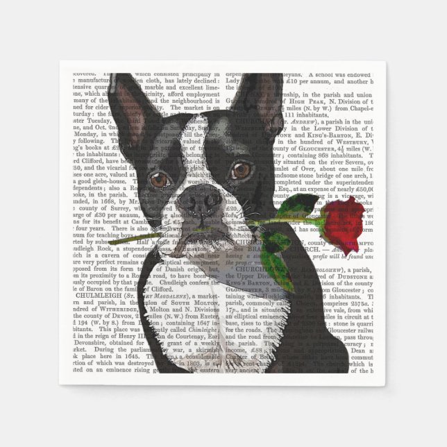 Serviette En Papier Boston Terrier avec Rose dans la bouche (Devant)