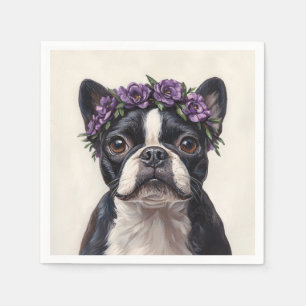 Serviette En Papier Boston Terrier dans une couronne de fleurs violett