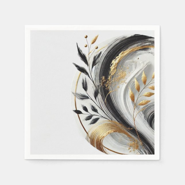 Serviette En Papier Botanique moderne noir blanc et or (Devant)