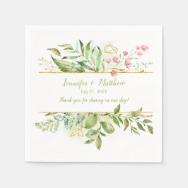 Serviette En Papier Botaniques Fleurs Roses Or Géométrique Réception