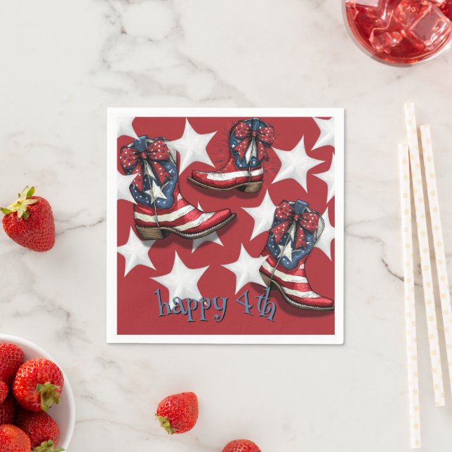 Serviette En Papier Bottes et vaches blanches et bleues rouges (En situation)