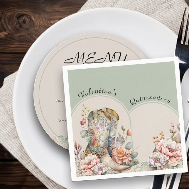 Serviette En Papier Bottes florales de cowgirl Boho Occidental Personn (Editable Napkin from my Boho Floral Cowgirl Boots Quinceanera Collection)