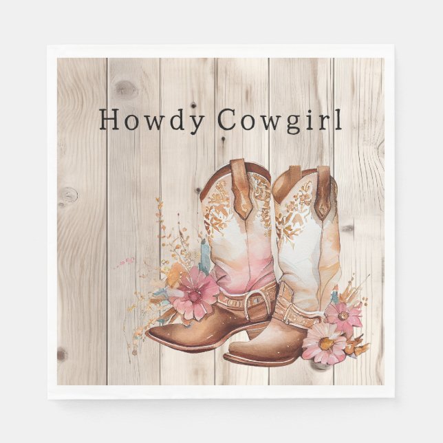 Serviette En Papier Bottes florales de cowgirl ivoire Faux bois Person (Devant)
