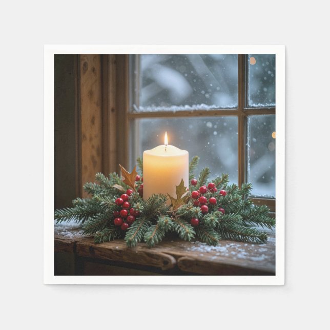 Serviette En Papier Bougie De Noël Dans La Fenêtre D'Hiver (Devant)