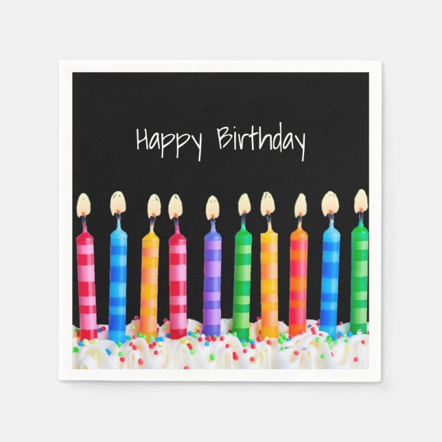 Serviette En Papier Bougies d'anniversaire sur serviettes noires (Devant)