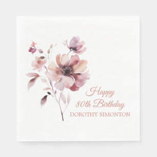 Serviette En Papier Bougogne rose florale personnalisée 80e anniversai