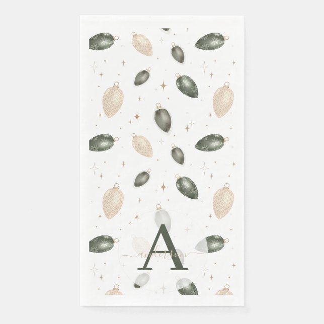 Serviette En Papier Boules de Noël Monogrammées à l'Aquarelle Élégante (Devant)
