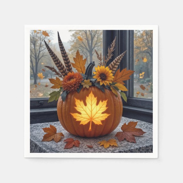 Serviette En Papier Bouquet d'automne dans un Citrouille orange (Devant)