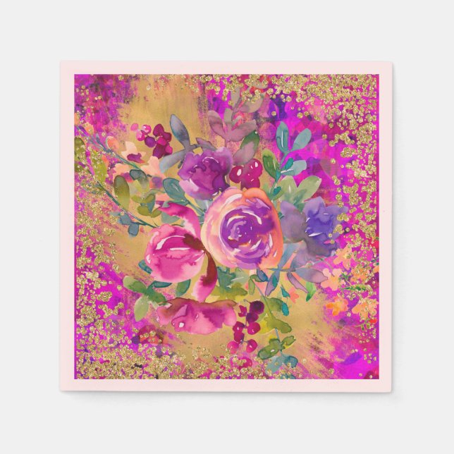 Serviette En Papier Bouquet de fleurs d'aquarelle sur Parties scintill (Devant)