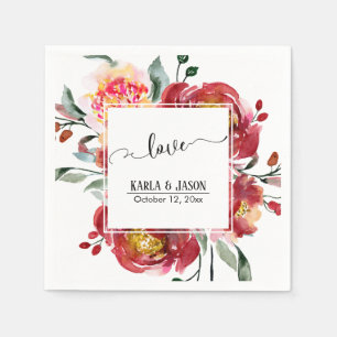 Serviette En Papier Bouquet de fleurs rouges avec typographie de l'amo