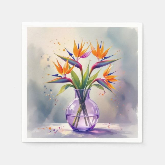 Serviette En Papier Bouquet Fleur Oiseau du Paradis en aquarelle (Devant)