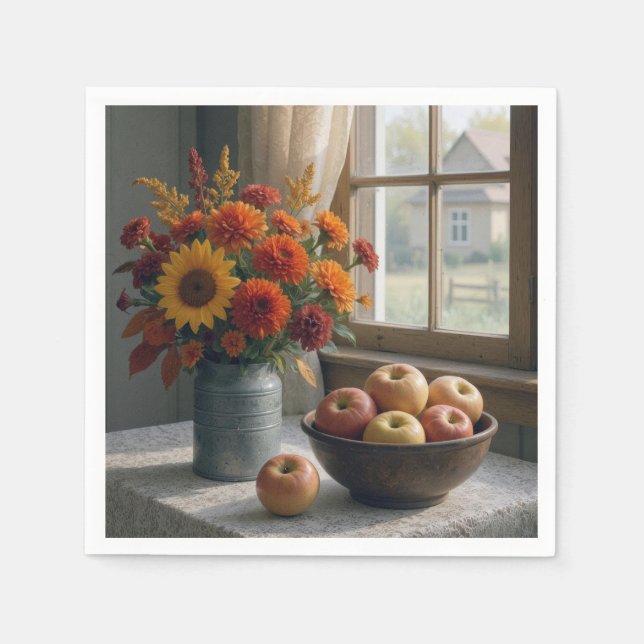 Serviette En Papier Bouquet floral d'automne et pommes (Devant)
