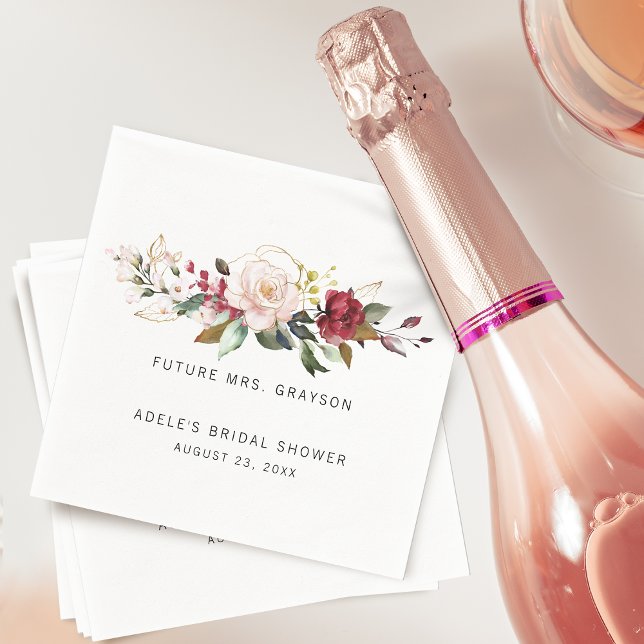 Serviette En Papier Bouquet floral rose bordeaux mariage (Gold Burgundy Rose Floral Bouquet Bridal Shower Napkins)