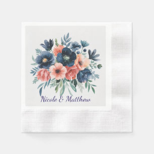 Serviette En Papier Bouquet Mariage bleu et corail