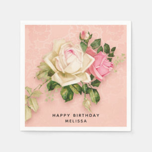 Serviette En Papier Bouquet Rose & Rose Blanc Elégant anniversaire