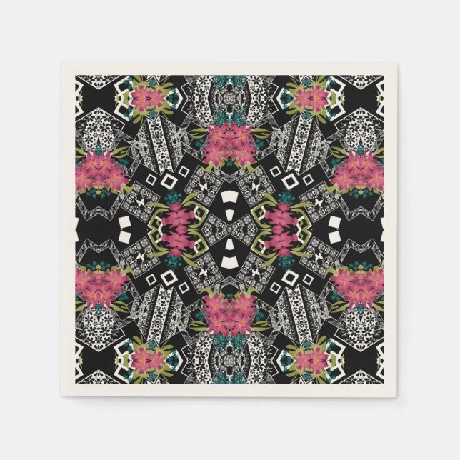 Serviette En Papier Bouquets de fleurs roses sur une géométrie (Devant)