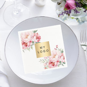 Serviette En Papier Bouquets roses logo commercial blanc