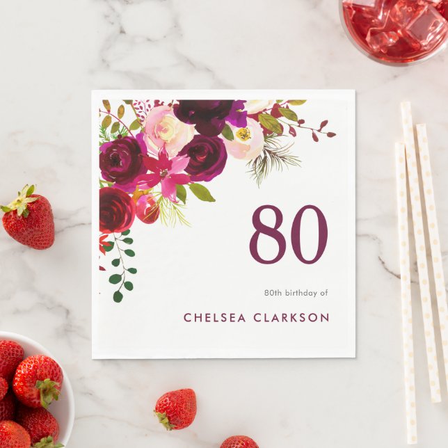 Serviette En Papier Bourgogne Boho Floral 80e anniversaire Célébration (En situation)