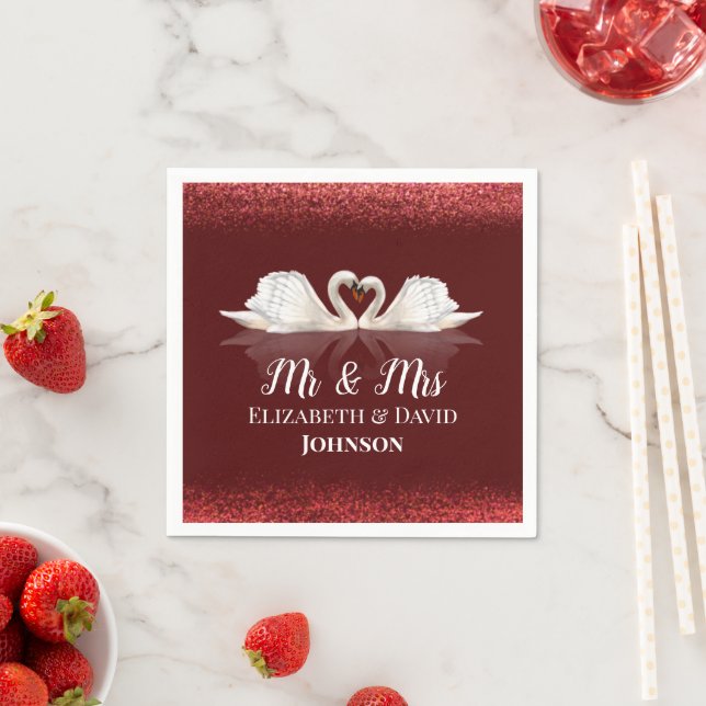 Serviette En Papier Bourgogne et blanc avec Mariage de cygnes (En situation)