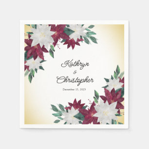 Serviette En Papier Bourgogne et Poinsettias Blanches Mariage de Noël