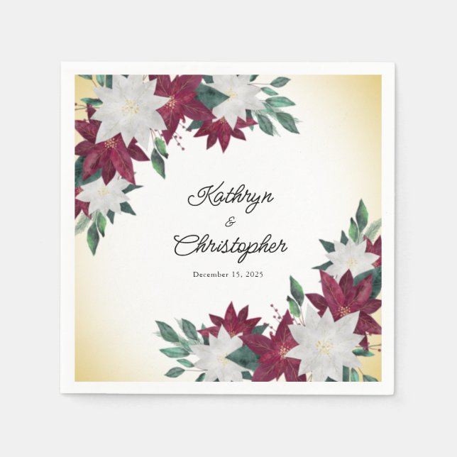 Serviette En Papier Bourgogne et Poinsettias Blanches Mariage de Noël (Devant)
