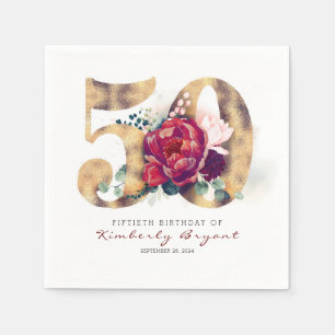 Serviette En Papier Bourgogne et typographie de l'or 50e anniversaire