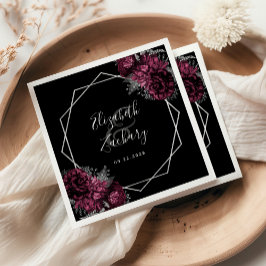 Serviette En Papier Bourgogne Floral Argent Mariage noir géométrique