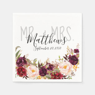 Serviette En Papier Bourgogne Floral Lettré main Mariage rustique chic