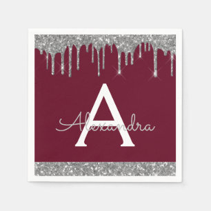 Serviette En Papier Bourgogne Parties scintillant Argent Noir Monogram
