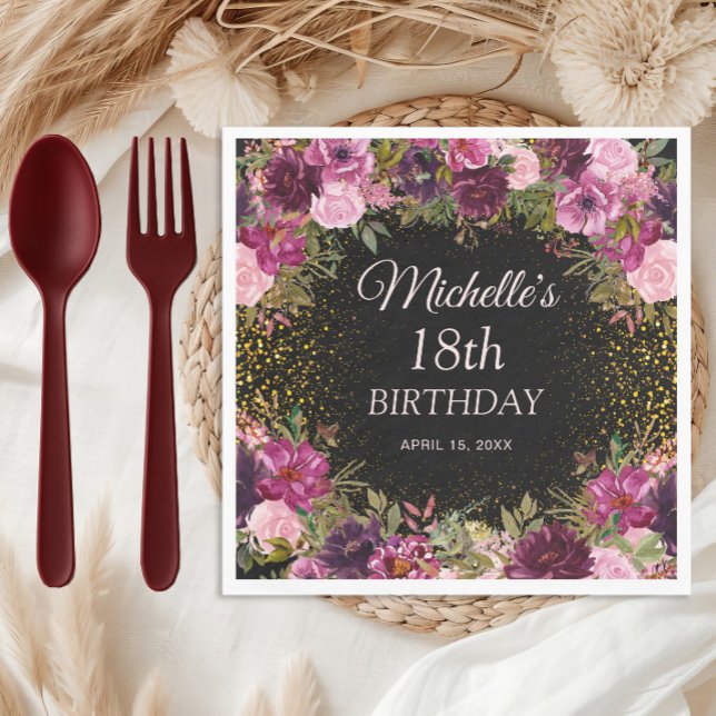 Serviette En Papier Bourgogne rose Parties scintillant florale Noir 18 (Pink and burgundy watercolor floral on black custom birthday party paper napkins)