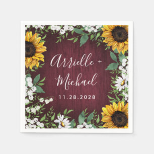 Serviette En Papier Bourgogne Rouge Tournesol vert Mariage de couronne