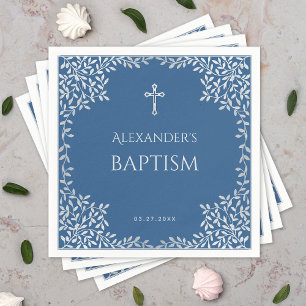 Serviette En Papier Boy Baptism Classic Bleu Faux Argent Feuille Ornat