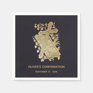 Serviette En Papier Boy Confirmation Gold Cross Book Dark Blue Vintage